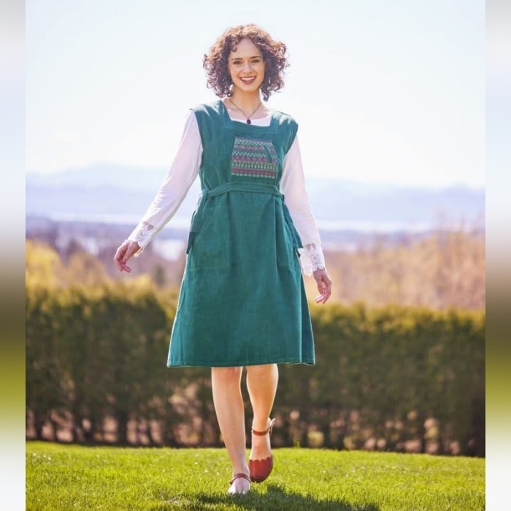 April Cornell Teal Corduroy Pinafore Dress with Embroidered Yoke